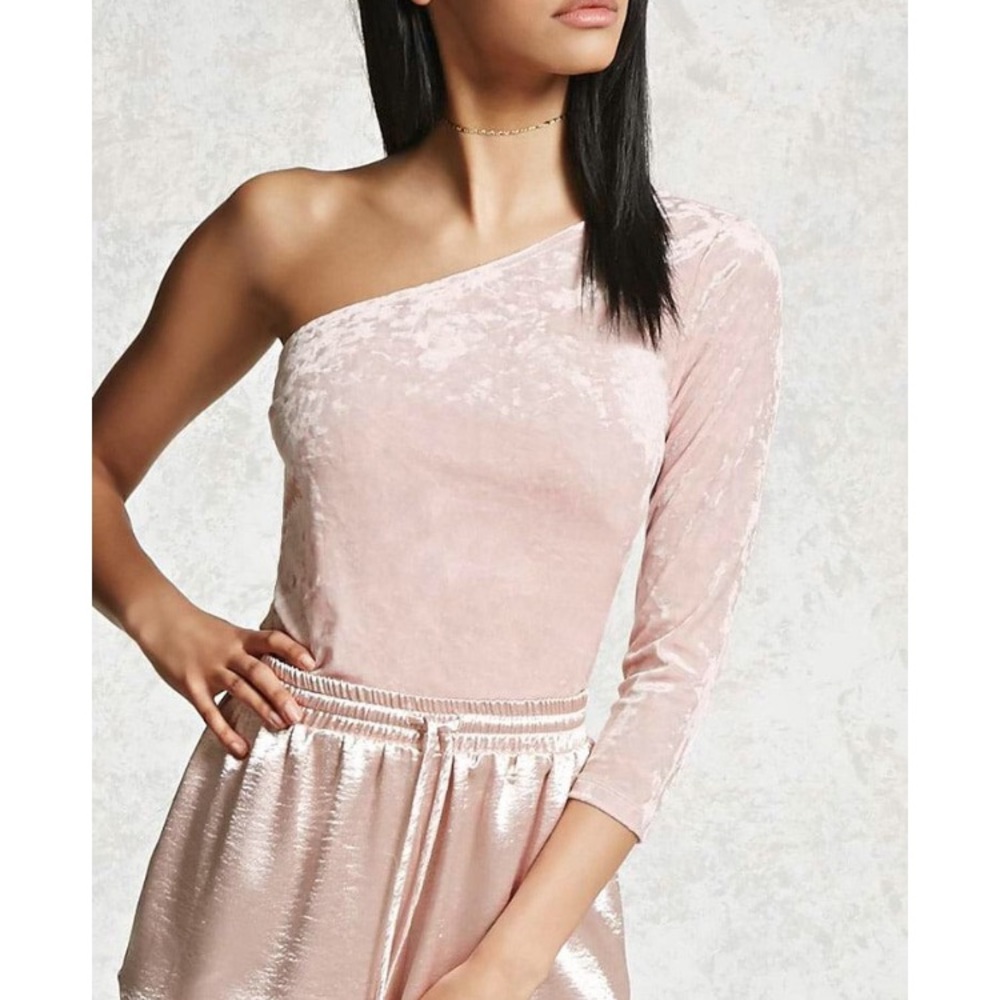 Forever 21 One Shoulder Long Sleeves Crushed Velvet Pink Crop Top Women's Size S